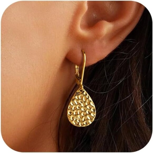 ⚡Hammered Teardrop Dangle Earrings for Women 925 Sterling Silver 14K Gold Plated - Picture 1 of 6